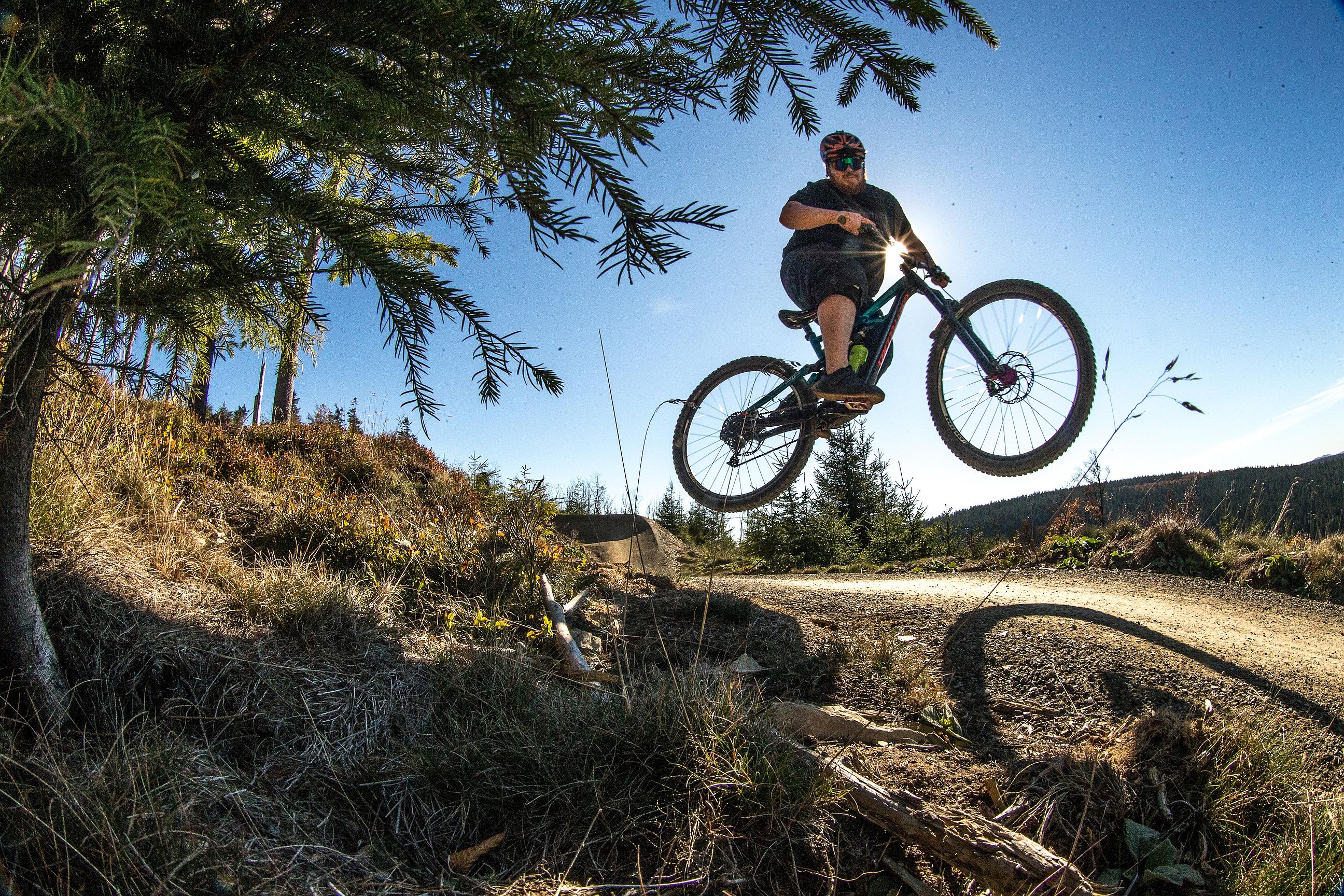 Biker im Gegenlicht beim Sprung auf der Freeridestrecke im MTB Zone Bikepark Willingen