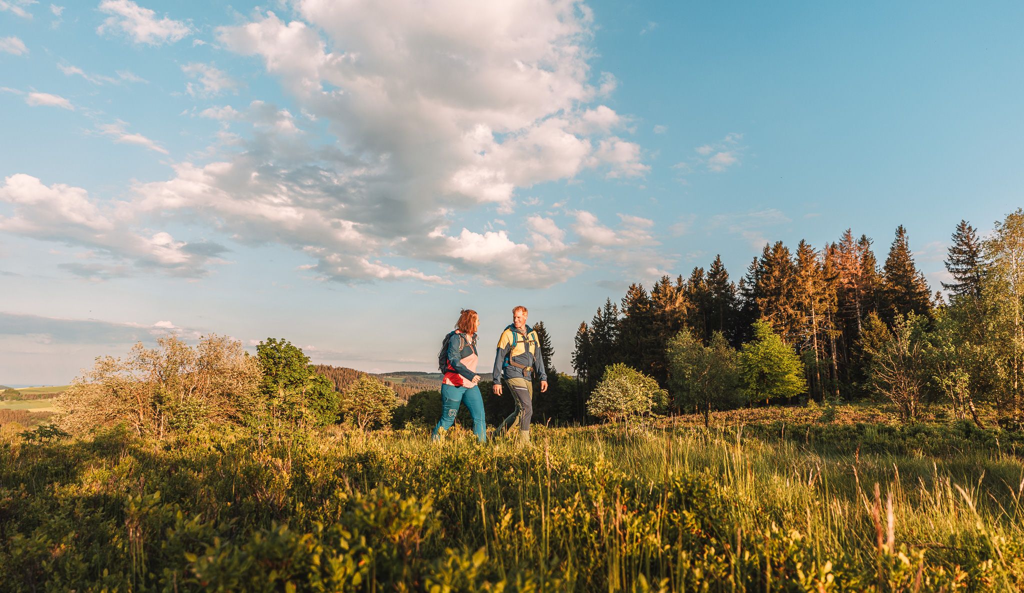 Wanderpaar in Heidelandschaft im sanften Abendlicht