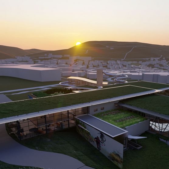 Außenansicht Lagunenbad Willingen bei Sonnenuntergang