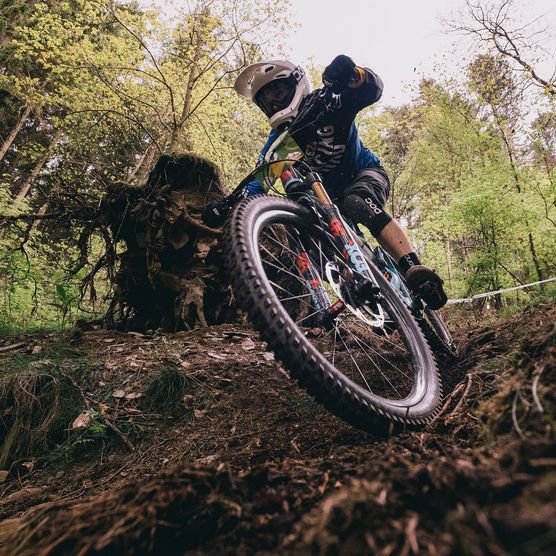 Mountainbiker auf der Strecke im Wald beim Bike-Festival Willingen