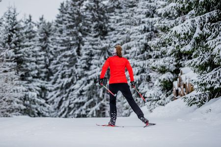 Langläuferin im verschneiten Wald in Willingen 