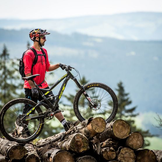 Mountainbiker steht mit seinem Bike auf einem Holzstapel, im Hintergrund verschwommene Berglandschaft