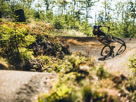 Biker in schwarzer Kleidung auf dem Flowtrail im MTB Zone Bikepark Willingen inmitten von Bäumen und Büschen