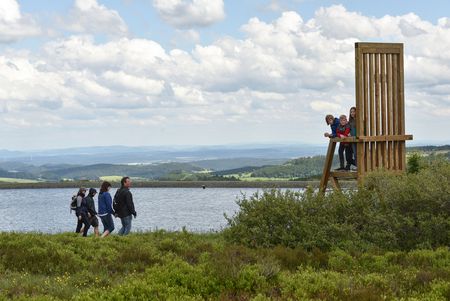 Familie am Bergsee auf dem Ettelsberg und Kinder auf dem großen Stuhl